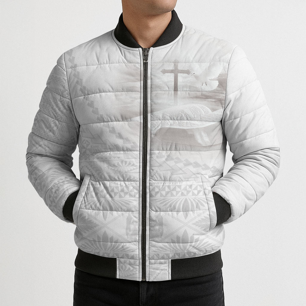 Tonga White Sunday Fakame Bomber Puffer Jacket Tokelaufeletoa Kupesi LT7 - Polynesian Pride