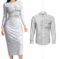 Tonga White Sunday Fakame Couples Matching Long Sleeve Bodycon Dress and Long Sleeve Button Shirt Tokelaufeletoa Kupesi LT7 White - Polynesian Pride