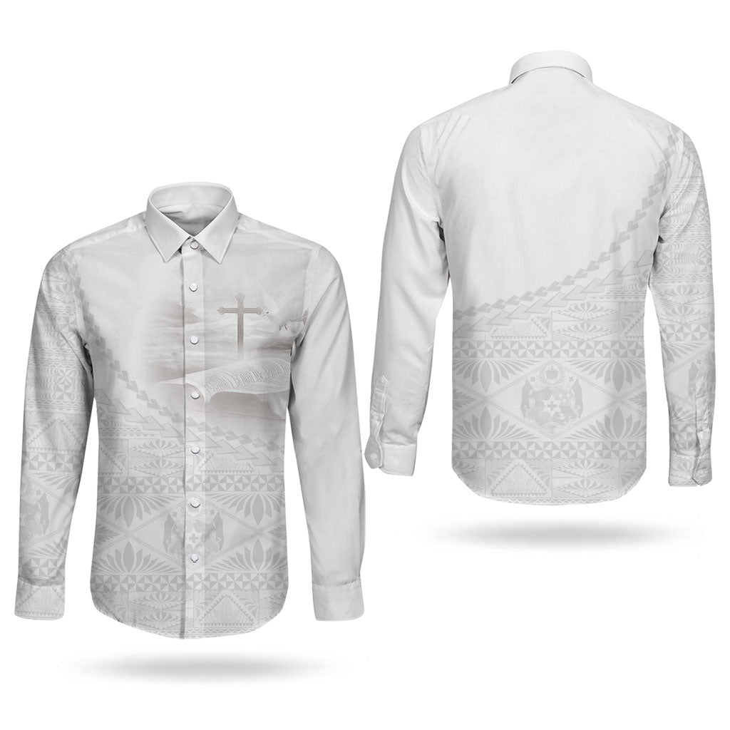 Tonga White Sunday Fakame Couples Matching Long Sleeve Bodycon Dress and Long Sleeve Button Shirt Tokelaufeletoa Kupesi LT7 - Polynesian Pride