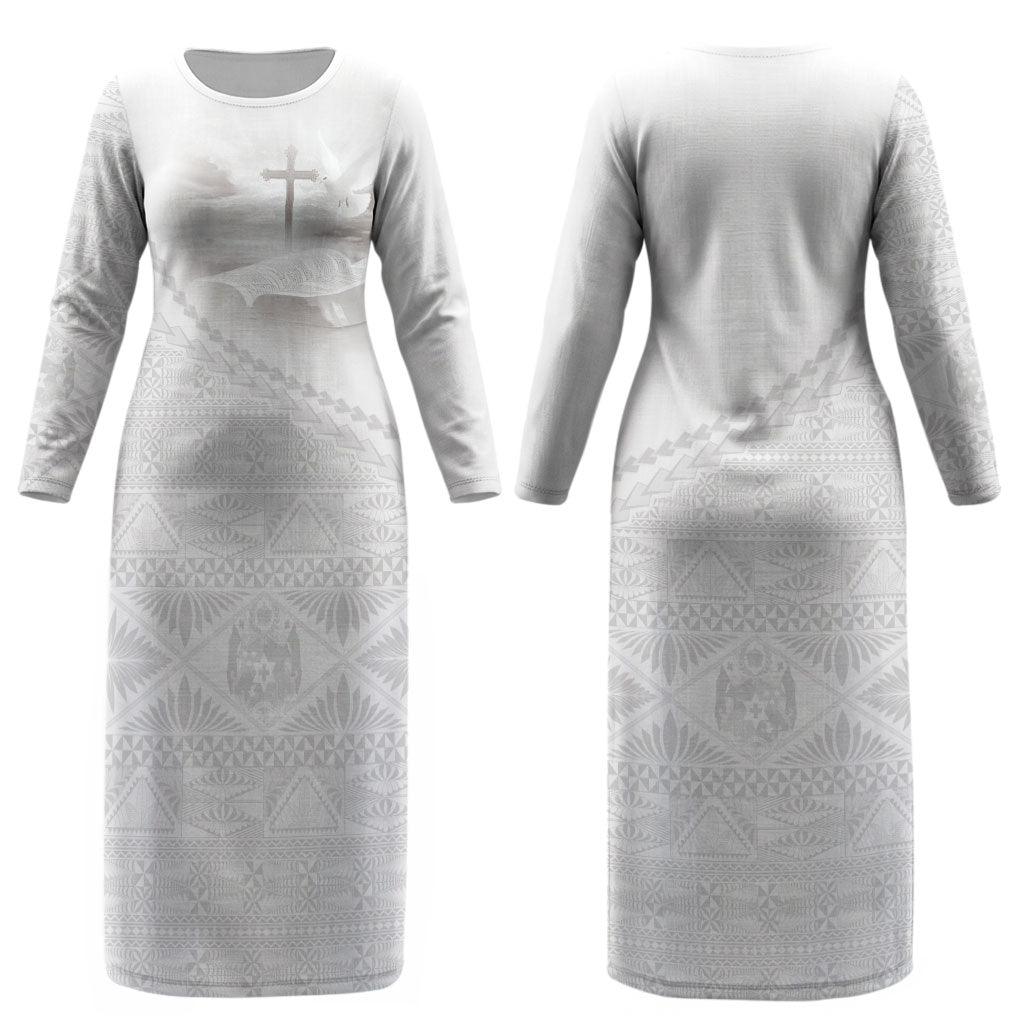 Tonga White Sunday Fakame Couples Matching Long Sleeve Bodycon Dress and Long Sleeve Button Shirt Tokelaufeletoa Kupesi LT7 - Polynesian Pride