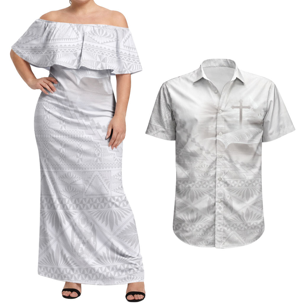 Tonga White Sunday Fakame Couples Matching Off Shoulder Maxi Dress and Hawaiian Shirt Tokelaufeletoa Kupesi LT7 White - Polynesian Pride