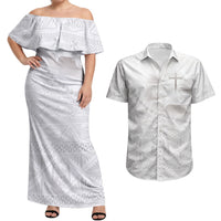 Tonga White Sunday Fakame Couples Matching Off Shoulder Maxi Dress and Hawaiian Shirt Tokelaufeletoa Kupesi LT7 White - Polynesian Pride