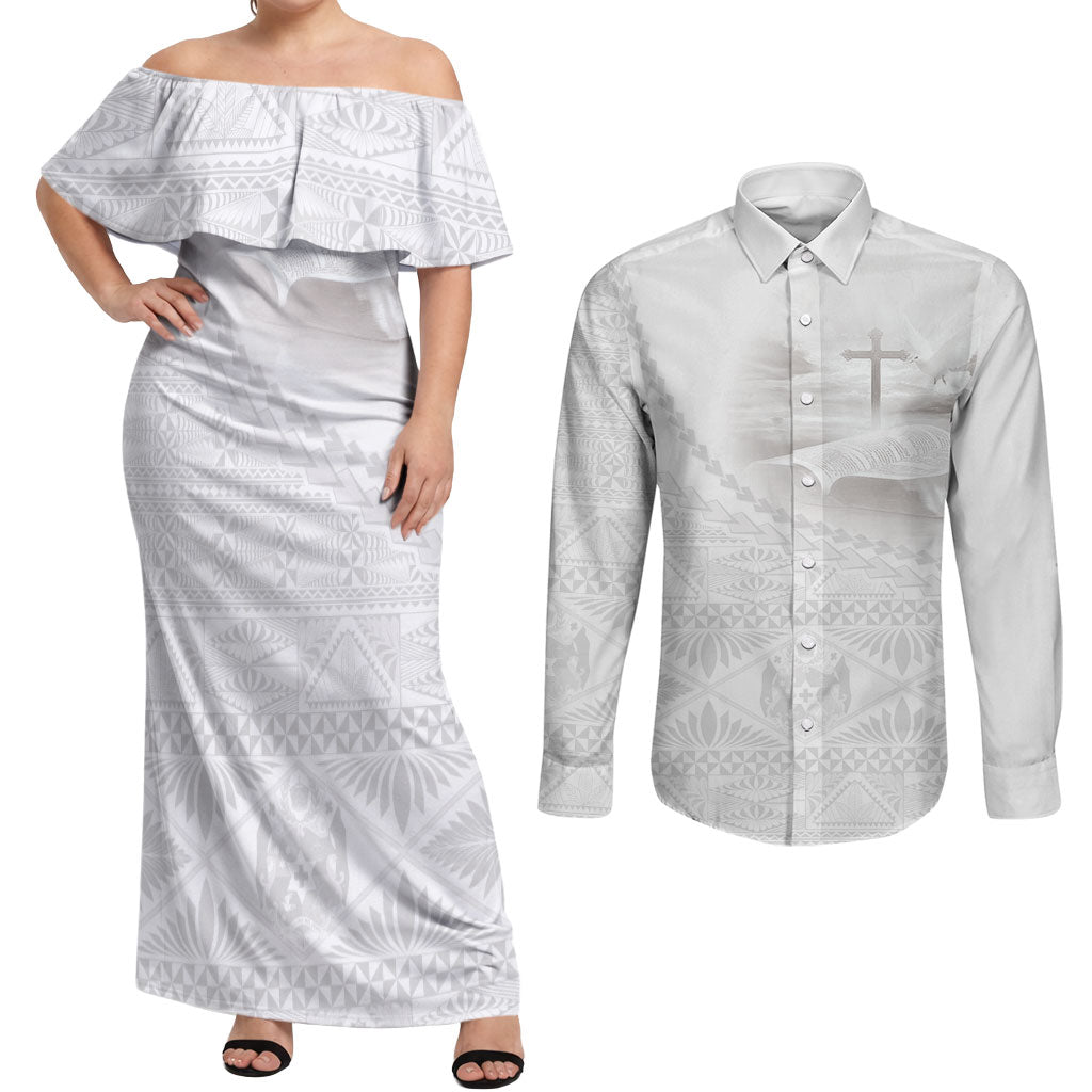 Tonga White Sunday Fakame Couples Matching Off Shoulder Maxi Dress and Long Sleeve Button Shirt Tokelaufeletoa Kupesi LT7 White - Polynesian Pride