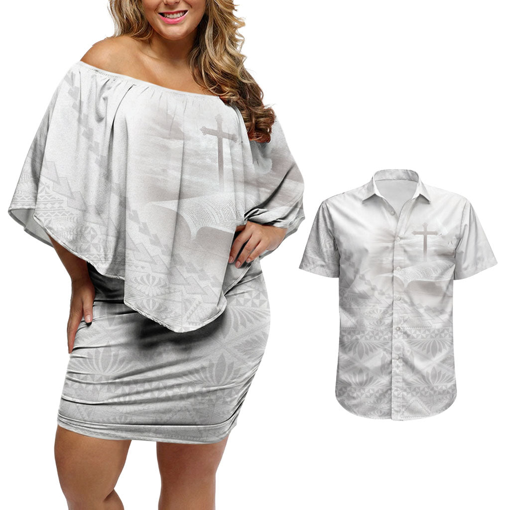 Tonga White Sunday Fakame Couples Matching Off Shoulder Short Dress and Hawaiian Shirt Tokelaufeletoa Kupesi LT7 White - Polynesian Pride
