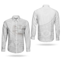 Tonga White Sunday Fakame Couples Matching Off The Shoulder Long Sleeve Dress and Long Sleeve Button Shirt Tokelaufeletoa Kupesi LT7 - Polynesian Pride