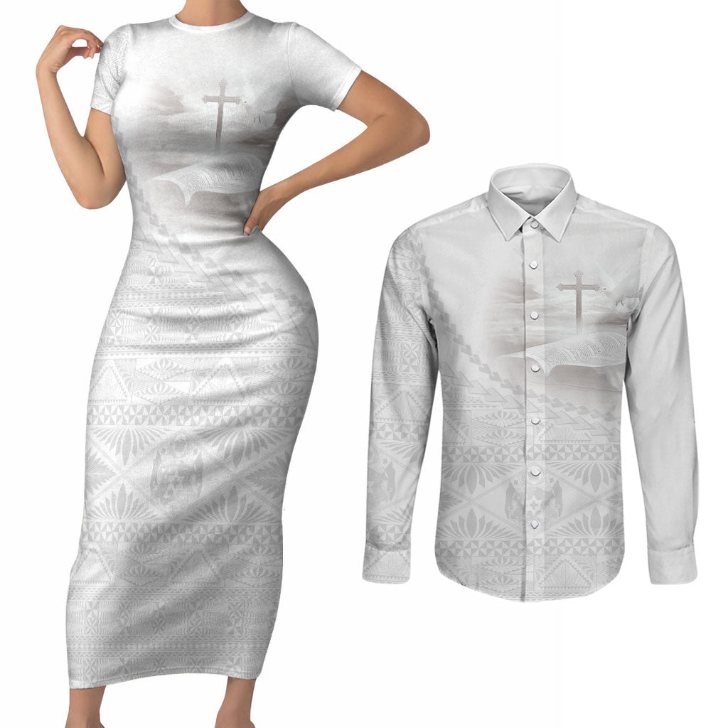 Tonga White Sunday Fakame Couples Matching Short Sleeve Bodycon Dress and Long Sleeve Button Shirt Tokelaufeletoa Kupesi LT7 White - Polynesian Pride