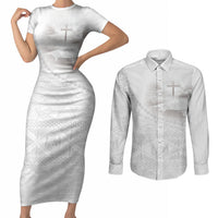 Tonga White Sunday Fakame Couples Matching Short Sleeve Bodycon Dress and Long Sleeve Button Shirt Tokelaufeletoa Kupesi LT7 White - Polynesian Pride