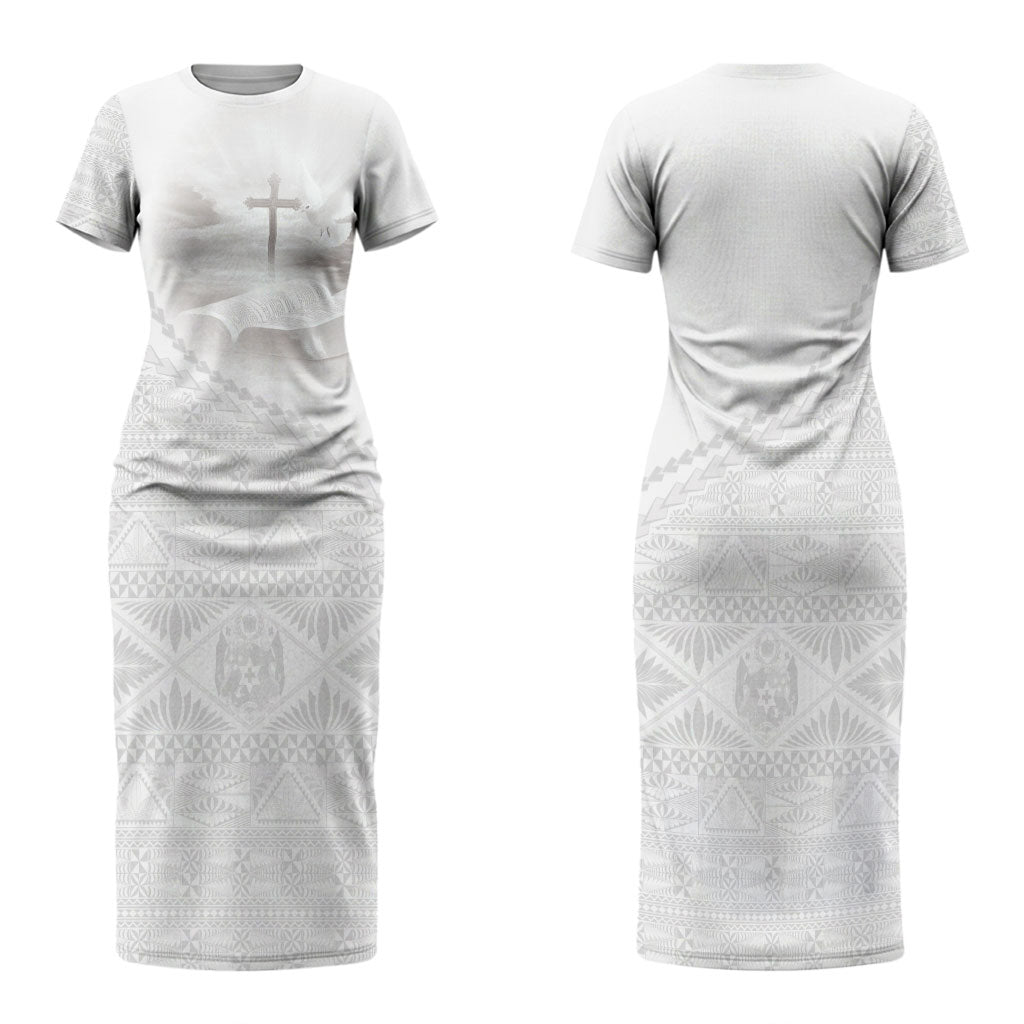Tonga White Sunday Fakame Couples Matching Short Sleeve Bodycon Dress and Long Sleeve Button Shirt Tokelaufeletoa Kupesi LT7 - Polynesian Pride