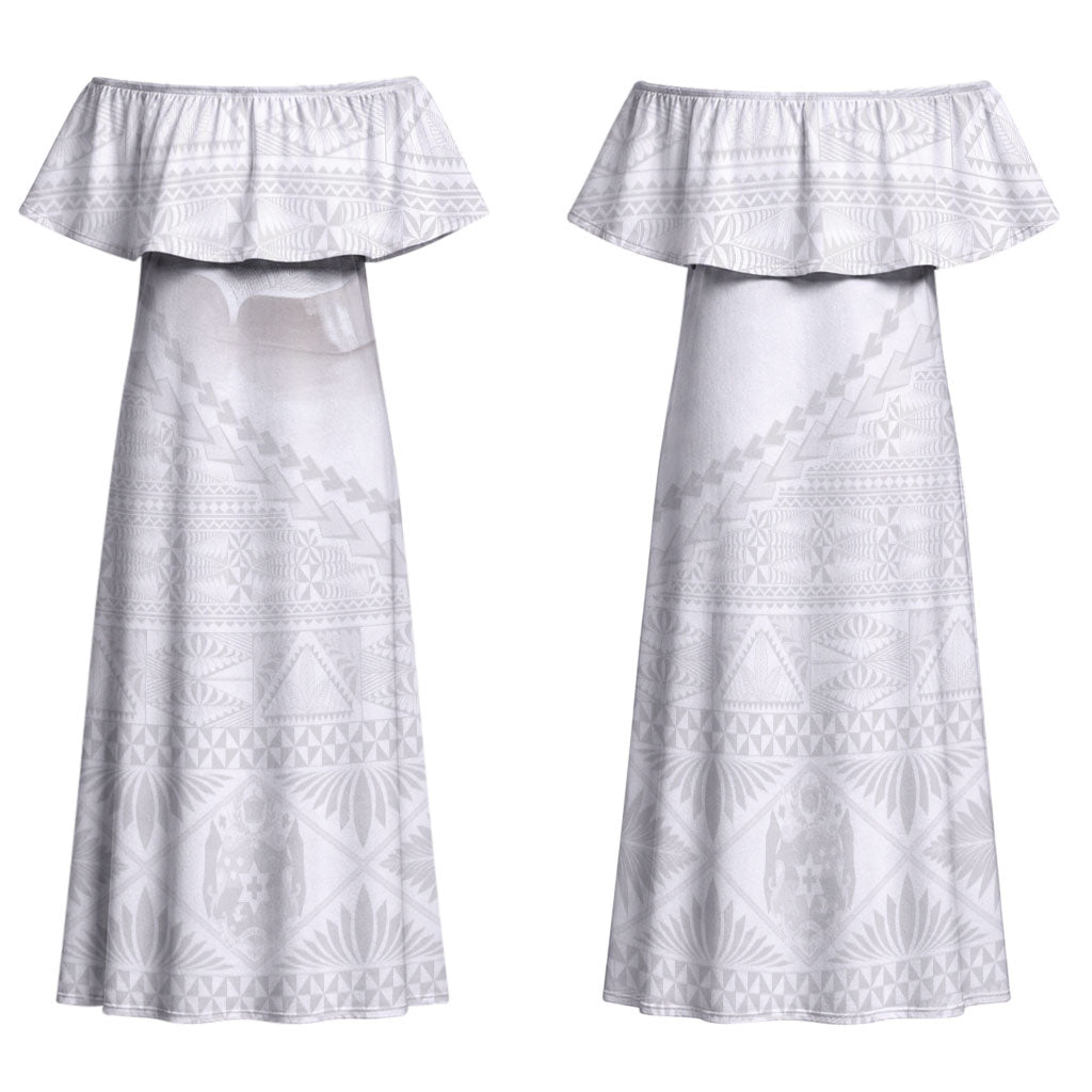 Tonga White Sunday Fakame Family Matching Off Shoulder Maxi Dress and Hawaiian Shirt Tokelaufeletoa Kupesi LT7 Mom's Dress White - Polynesian Pride