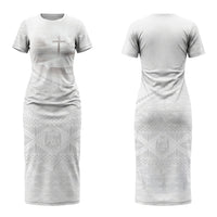 Tonga White Sunday Fakame Family Matching Short Sleeve Bodycon Dress and Hawaiian Shirt Tokelaufeletoa Kupesi LT7 Mom's Dress White - Polynesian Pride