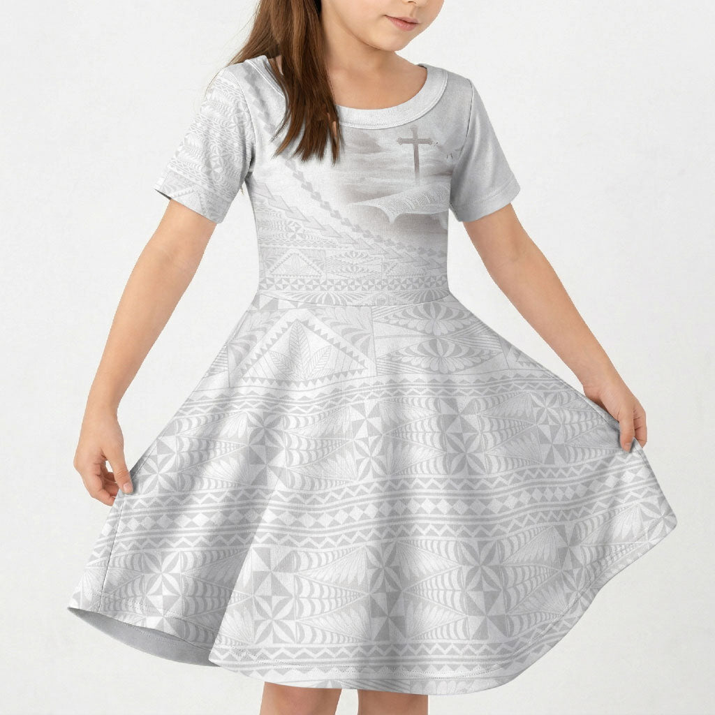 Tonga White Sunday Fakame Kid Short Sleeve Dress Tokelaufeletoa Kupesi LT7 KID White - Polynesian Pride