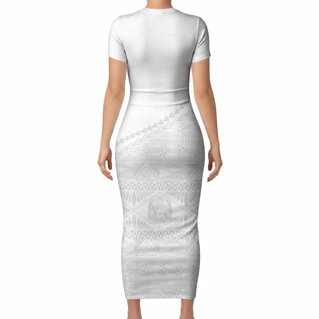 Tonga White Sunday Fakame Short Sleeve Bodycon Dress Tokelaufeletoa Kupesi LT7 - Polynesian Pride