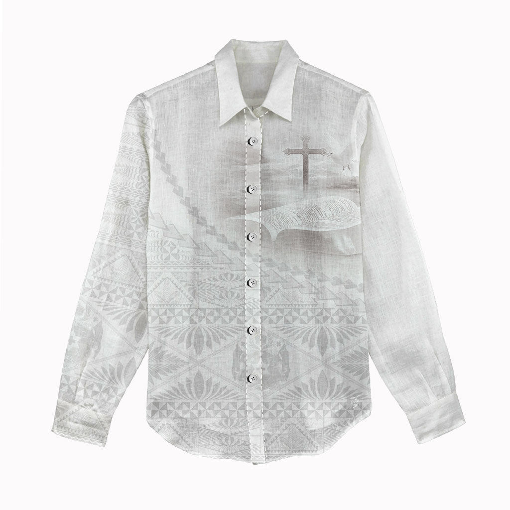 Tonga White Sunday Fakame Women Casual Shirt Tokelaufeletoa Kupesi LT7 - Polynesian Pride