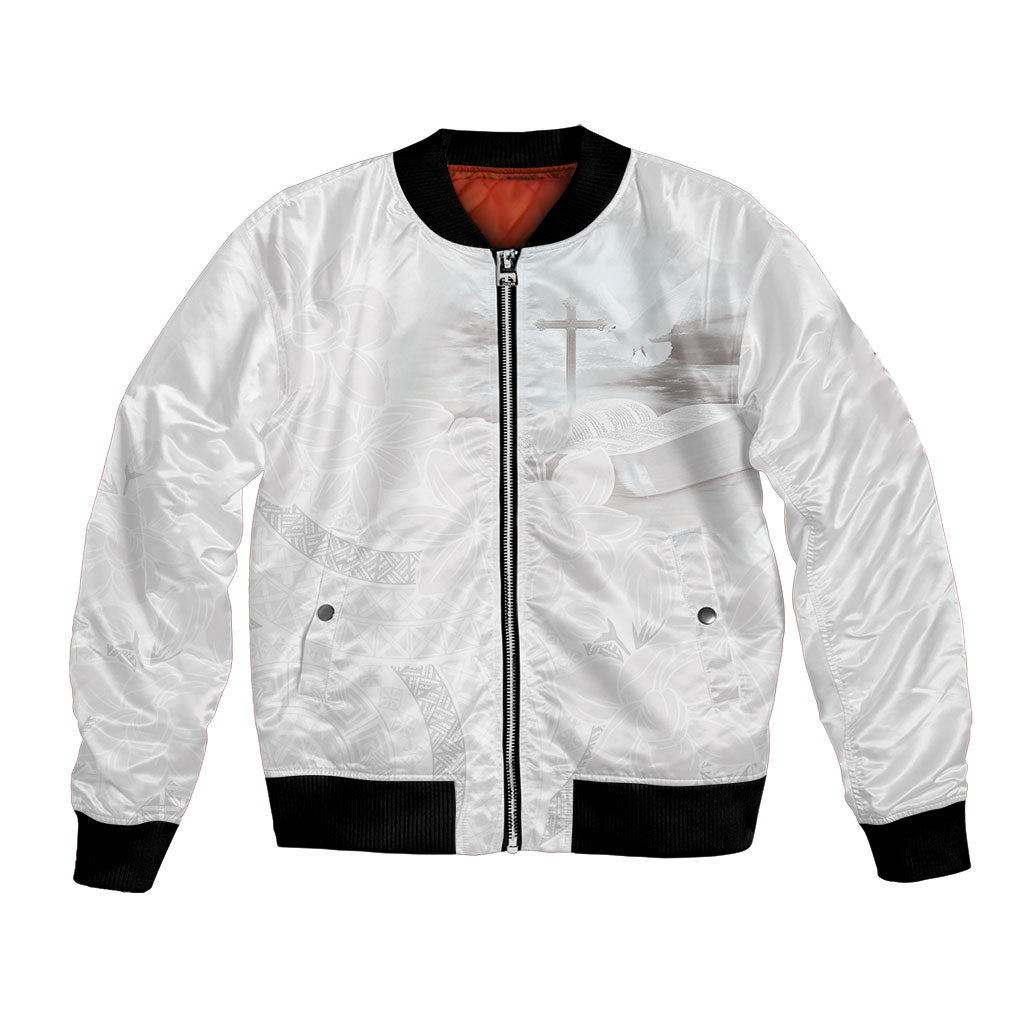 Niue White Sunday Tapu Fanau Bomber Jacket Fiti Pua Mix Hiapo Tapa LT7 Unisex White - Polynesian Pride