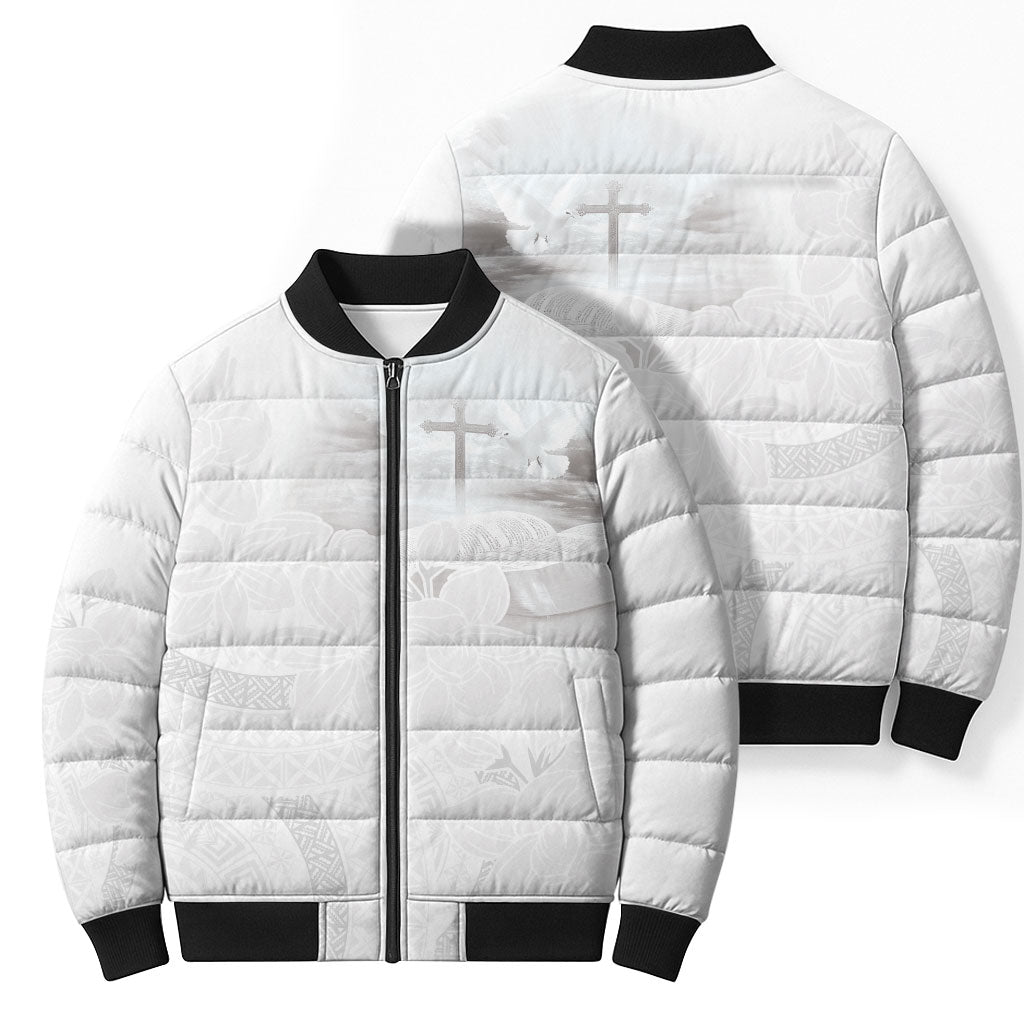 Niue White Sunday Tapu Fanau Bomber Puffer Jacket Fiti Pua Mix Hiapo Tapa LT7 - Polynesian Pride