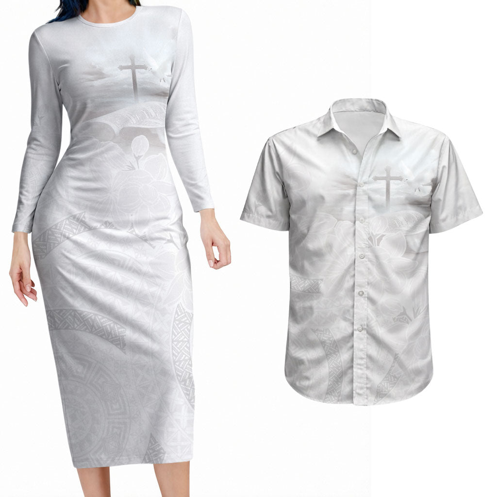 Niue White Sunday Tapu Fanau Couples Matching Long Sleeve Bodycon Dress and Hawaiian Shirt Fiti Pua Mix Hiapo Tapa LT7 White - Polynesian Pride