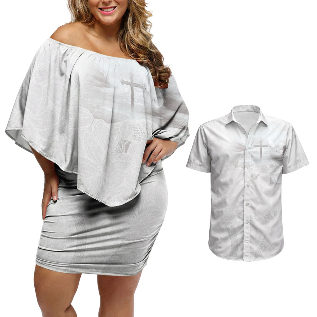 Niue White Sunday Tapu Fanau Couples Matching Off Shoulder Short Dress and Hawaiian Shirt Fiti Pua Mix Hiapo Tapa LT7 White - Polynesian Pride
