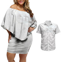 Niue White Sunday Tapu Fanau Couples Matching Off Shoulder Short Dress and Hawaiian Shirt Fiti Pua Mix Hiapo Tapa LT7 White - Polynesian Pride
