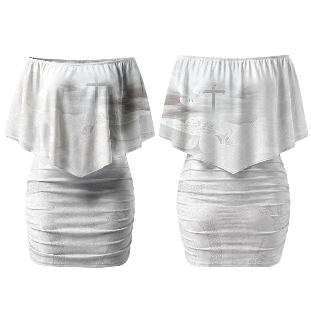 Niue White Sunday Tapu Fanau Couples Matching Off Shoulder Short Dress and Hawaiian Shirt Fiti Pua Mix Hiapo Tapa LT7 - Polynesian Pride