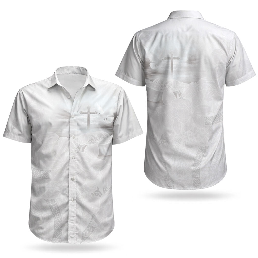 Niue White Sunday Tapu Fanau Couples Matching Off The Shoulder Long Sleeve Dress and Hawaiian Shirt Fiti Pua Mix Hiapo Tapa LT7 - Polynesian Pride