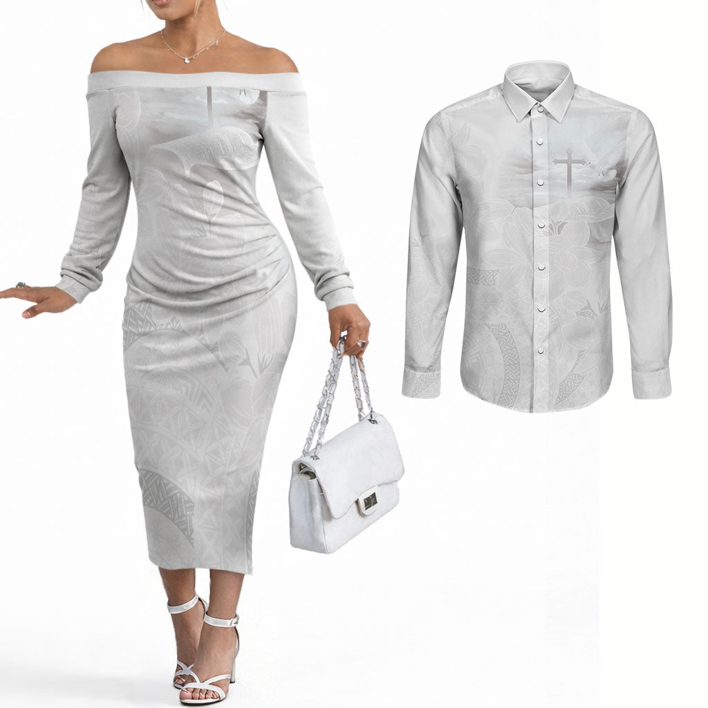 Niue White Sunday Tapu Fanau Couples Matching Off The Shoulder Long Sleeve Dress and Long Sleeve Button Shirt Fiti Pua Mix Hiapo Tapa LT7 White - Polynesian Pride
