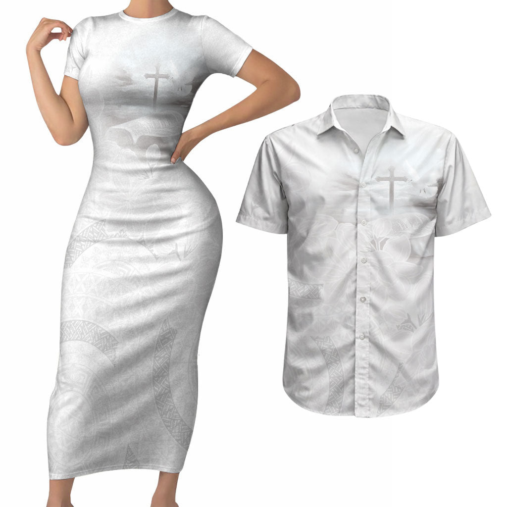 Niue White Sunday Tapu Fanau Couples Matching Short Sleeve Bodycon Dress and Hawaiian Shirt Fiti Pua Mix Hiapo Tapa LT7 White - Polynesian Pride