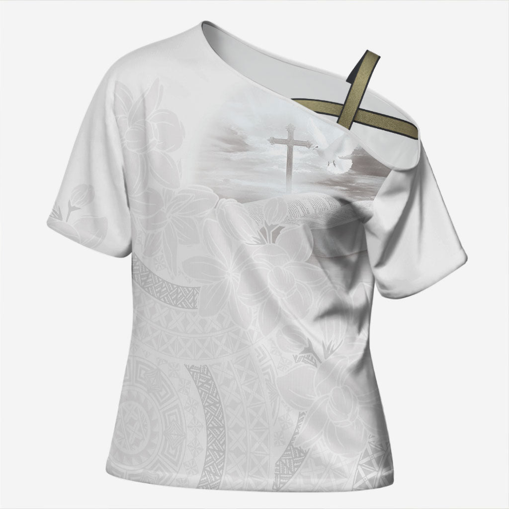 Niue White Sunday Tapu Fanau Cross Shoulder Shirt Fiti Pua Mix Hiapo Tapa LT7 Female White - Polynesian Pride