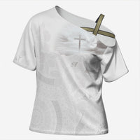 Niue White Sunday Tapu Fanau Cross Shoulder Shirt Fiti Pua Mix Hiapo Tapa LT7 Female White - Polynesian Pride