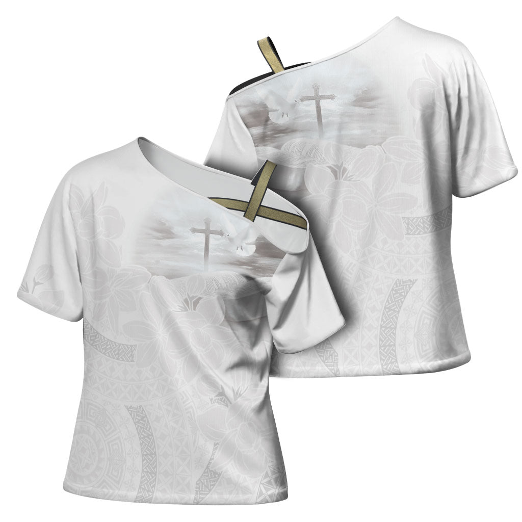 Niue White Sunday Tapu Fanau Cross Shoulder Shirt Fiti Pua Mix Hiapo Tapa LT7 - Polynesian Pride