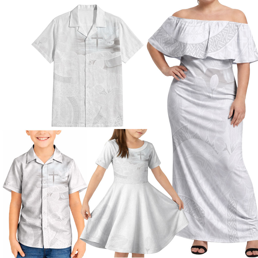 Niue White Sunday Tapu Fanau Family Matching Off Shoulder Maxi Dress and Hawaiian Shirt Fiti Pua Mix Hiapo Tapa LT7 - Polynesian Pride