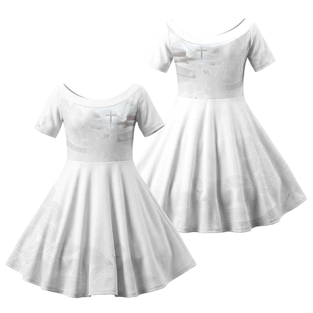 Niue White Sunday Tapu Fanau Family Matching Off Shoulder Maxi Dress and Hawaiian Shirt Fiti Pua Mix Hiapo Tapa LT7 Daughter's Dress White - Polynesian Pride
