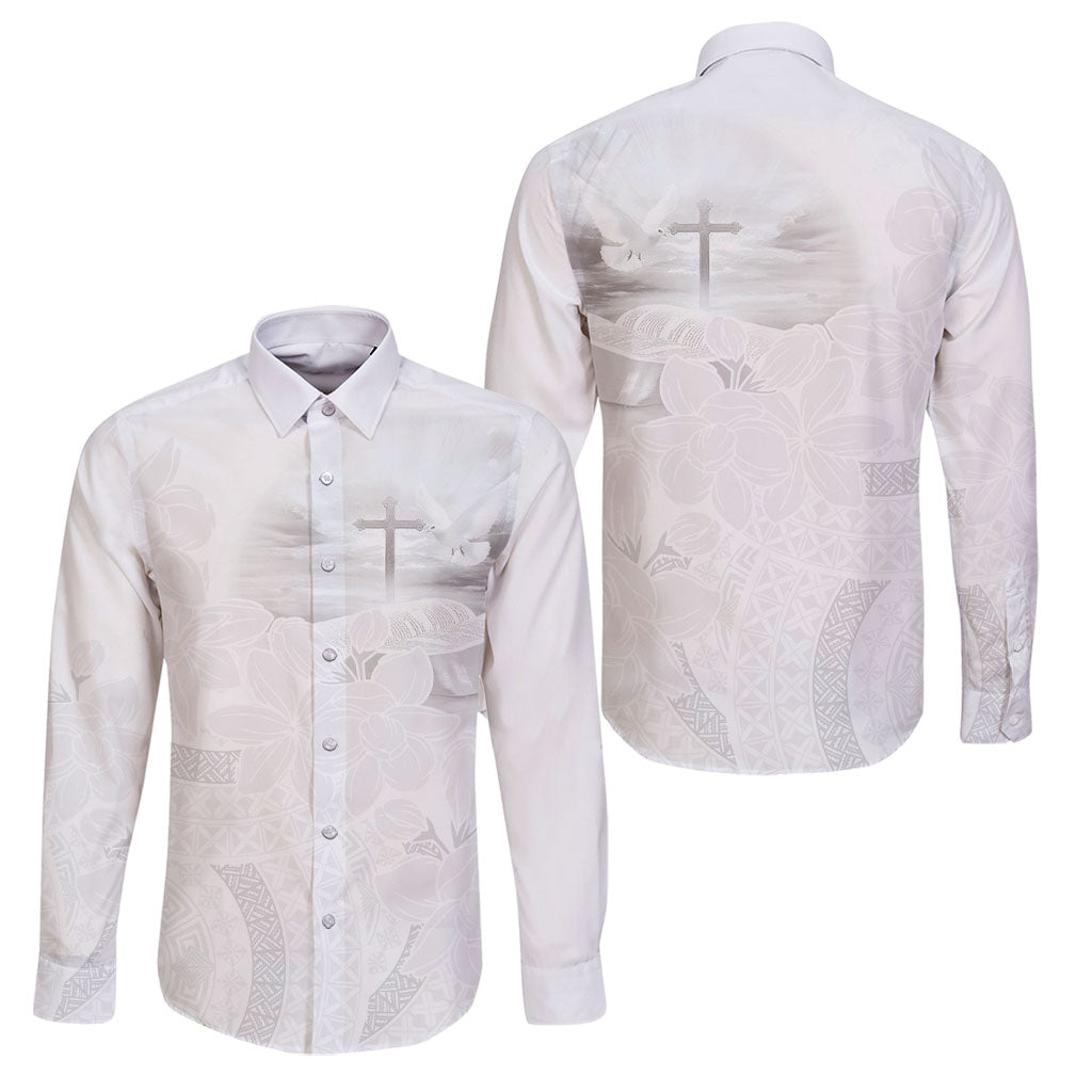 Niue White Sunday Tapu Fanau Family Matching Off Shoulder Short Dress and Hawaiian Shirt Fiti Pua Mix Hiapo Tapa LT7 Dad's Shirt - Long Sleeve White - Polynesian Pride