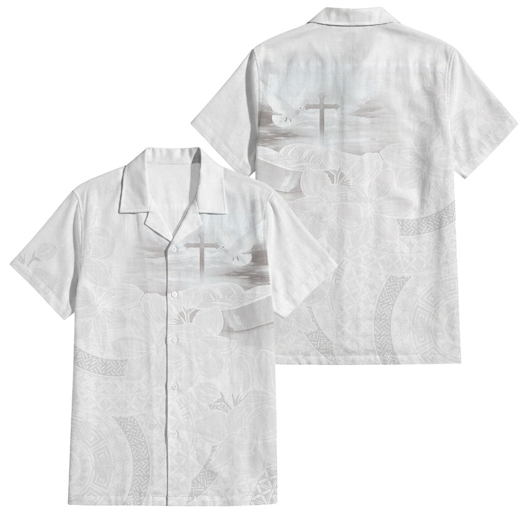 Niue White Sunday Tapu Fanau Family Matching Summer Maxi Dress and Hawaiian Shirt Fiti Pua Mix Hiapo Tapa LT7 Dad's Shirt - Short Sleeve White - Polynesian Pride