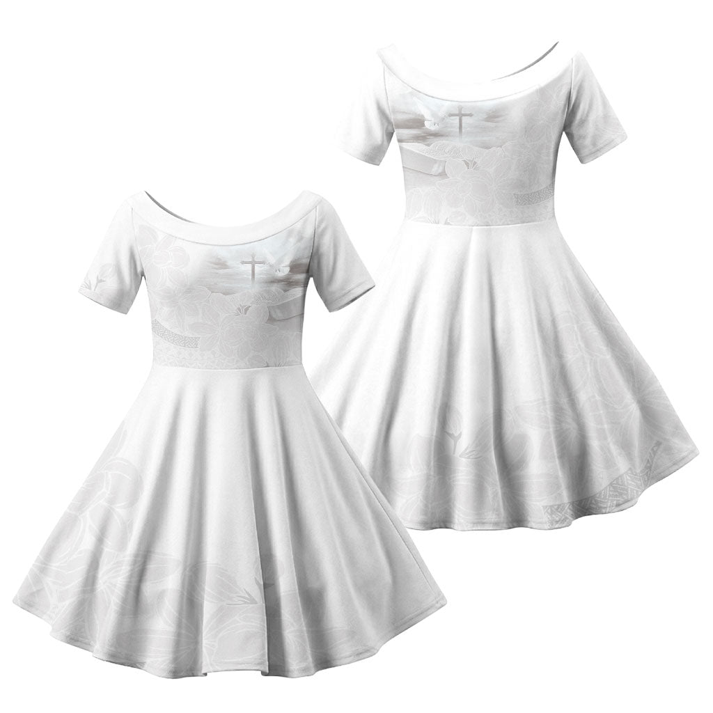 Niue White Sunday Tapu Fanau Family Matching Summer Maxi Dress and Hawaiian Shirt Fiti Pua Mix Hiapo Tapa LT7 Daughter's Dress White - Polynesian Pride