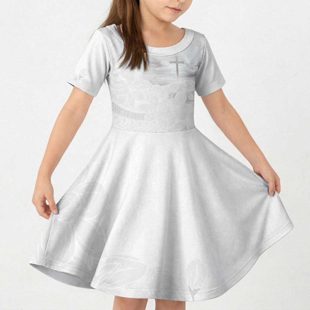 Niue White Sunday Tapu Fanau Kid Short Sleeve Dress Fiti Pua Mix Hiapo Tapa LT7 KID White - Polynesian Pride