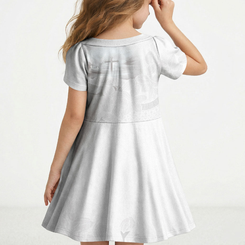 Niue White Sunday Tapu Fanau Kid Short Sleeve Dress Fiti Pua Mix Hiapo Tapa LT7 - Polynesian Pride
