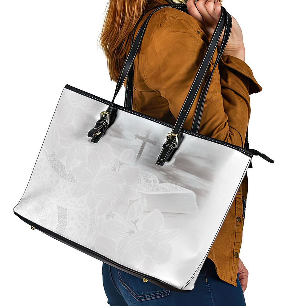Niue White Sunday Tapu Fanau Leather Tote Bag Fiti Pua Mix Hiapo Tapa LT7 - Polynesian Pride