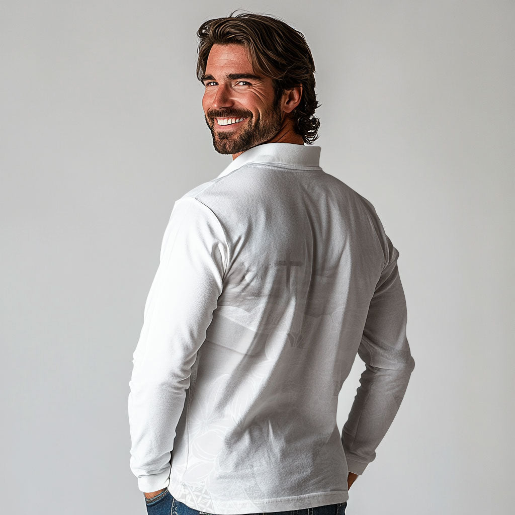 Niue White Sunday Tapu Fanau Long Sleeve Polo Shirt Fiti Pua Mix Hiapo Tapa LT7 - Polynesian Pride