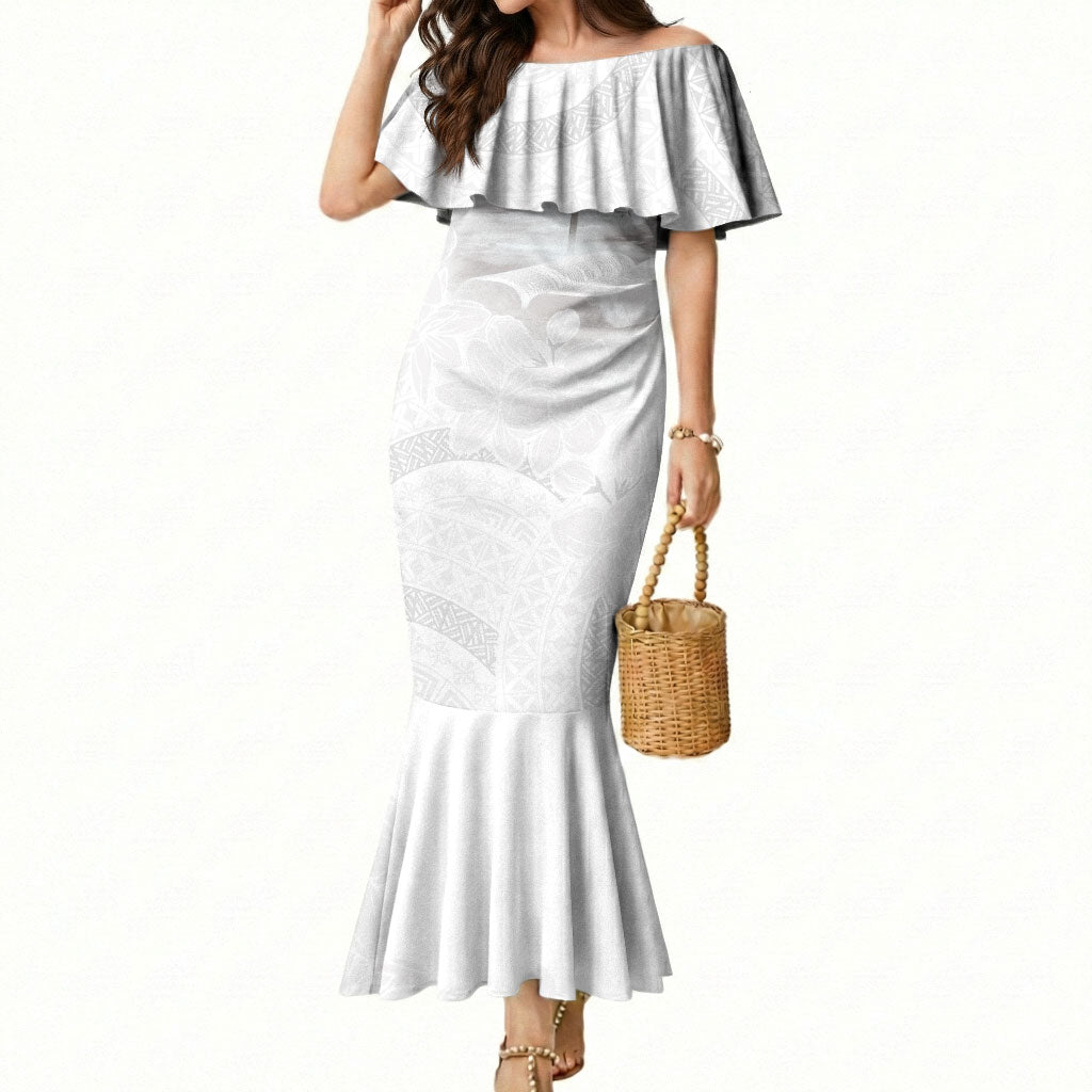 Niue White Sunday Tapu Fanau Mermaid Dress Fiti Pua Mix Hiapo Tapa LT7 Women White - Polynesian Pride