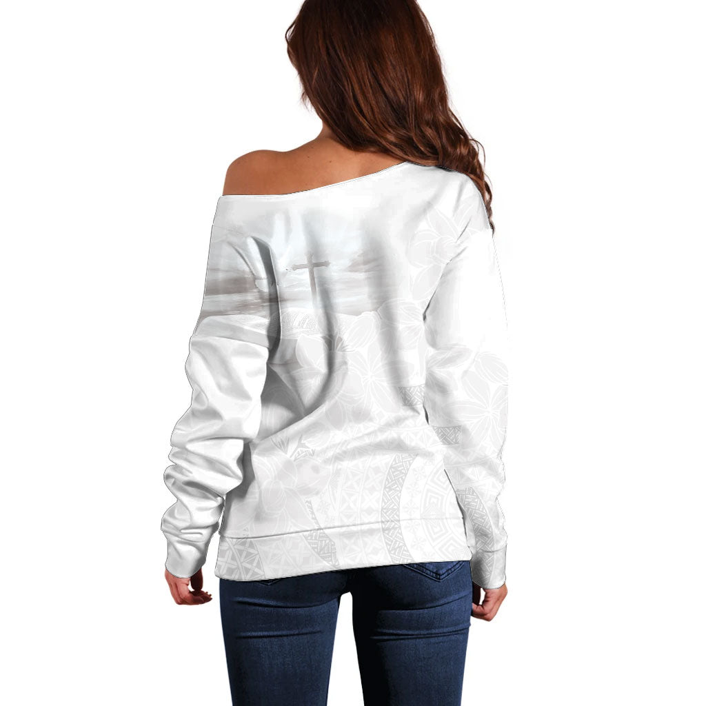 Niue White Sunday Tapu Fanau Off Shoulder Sweater Fiti Pua Mix Hiapo Tapa LT7 - Polynesian Pride