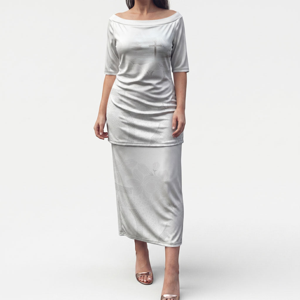Niue White Sunday Tapu Fanau Puletasi Fiti Pua Mix Hiapo Tapa LT7 Long Dress White - Polynesian Pride