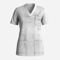 Niue White Sunday Tapu Fanau Scrub Top Fiti Pua Mix Hiapo Tapa LT7 Adult White - Polynesian Pride
