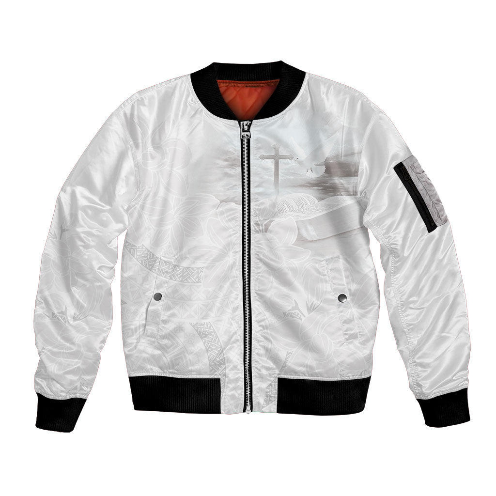 Niue White Sunday Tapu Fanau Sleeve Zip Bomber Jacket Fiti Pua Mix Hiapo Tapa LT7 Unisex White - Polynesian Pride