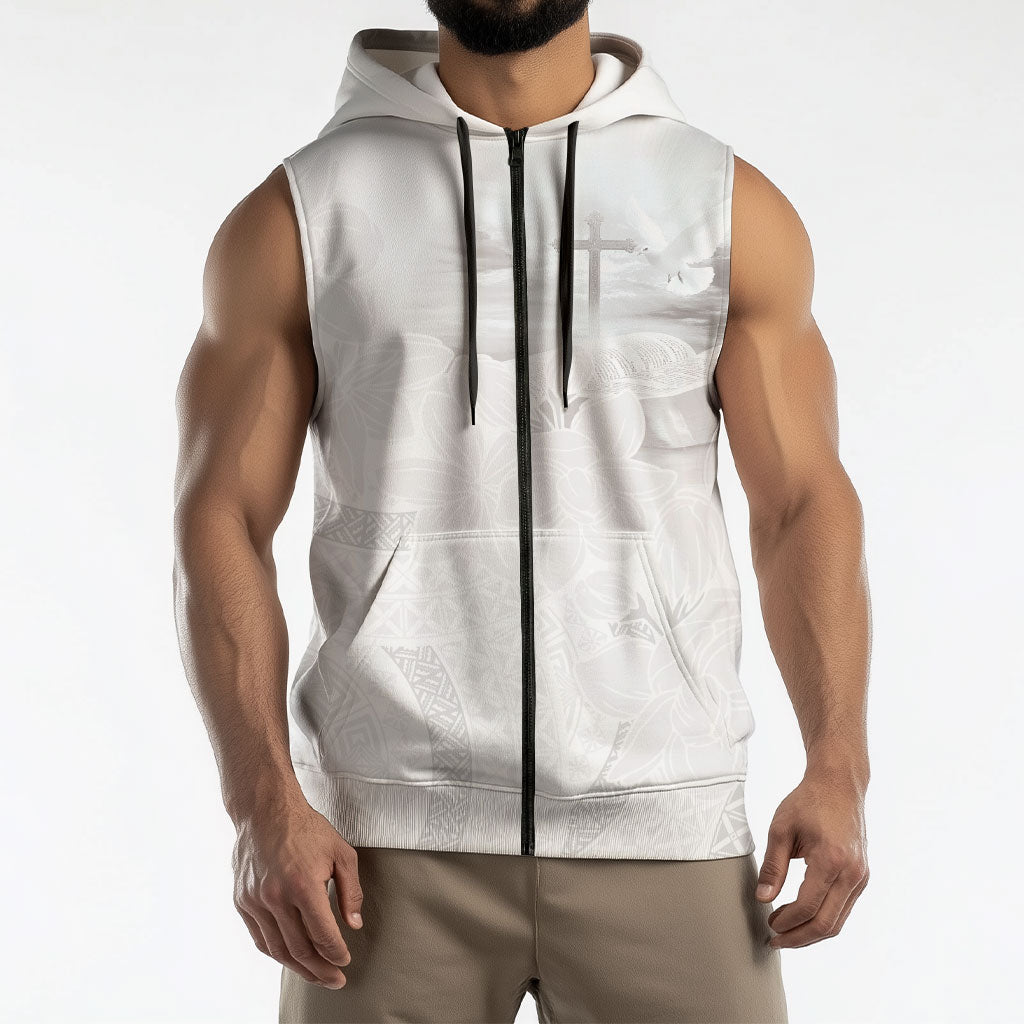Niue White Sunday Tapu Fanau Sleeveless Zip Hoodie Fiti Pua Mix Hiapo Tapa LT7 - Polynesian Pride