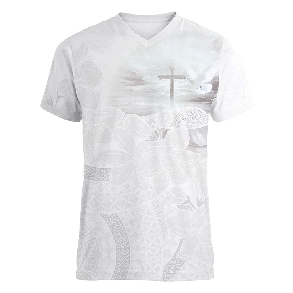 Niue White Sunday Tapu Fanau Women V-Neck T-Shirt Fiti Pua Mix Hiapo Tapa LT7 Female White - Polynesian Pride