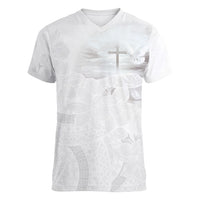 Niue White Sunday Tapu Fanau Women V-Neck T-Shirt Fiti Pua Mix Hiapo Tapa LT7 Female White - Polynesian Pride
