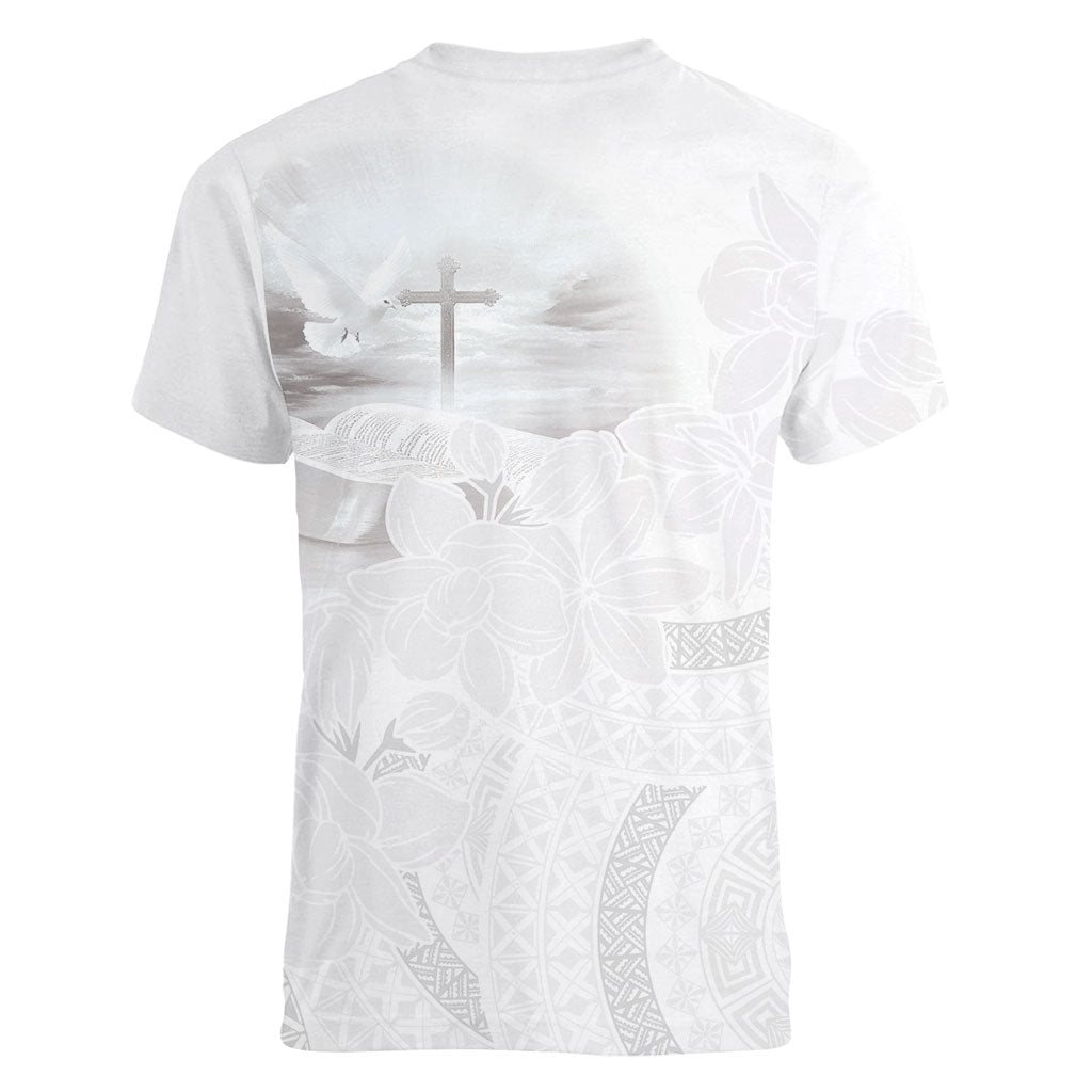 Niue White Sunday Tapu Fanau Women V-Neck T-Shirt Fiti Pua Mix Hiapo Tapa LT7 - Polynesian Pride
