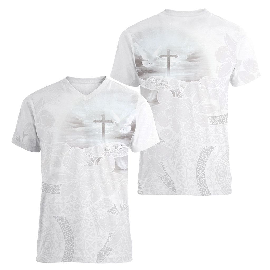 Niue White Sunday Tapu Fanau Women V-Neck T-Shirt Fiti Pua Mix Hiapo Tapa LT7 - Polynesian Pride