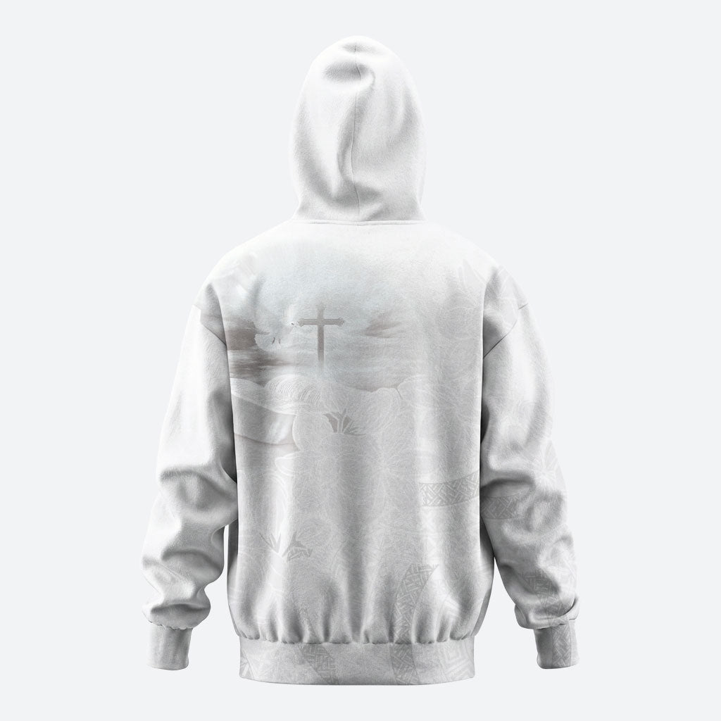 Niue White Sunday Tapu Fanau Zip Hoodie Fiti Pua Mix Hiapo Tapa LT7 - Polynesian Pride