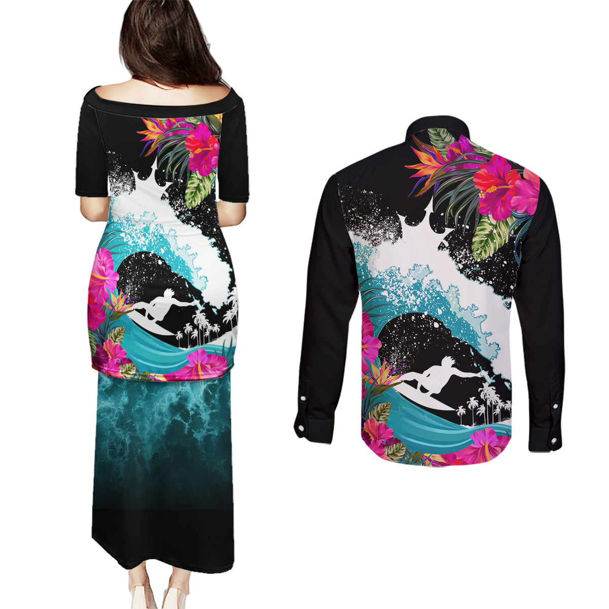Hawaii Surfing Couples Matching Puletasi Dress and Long Sleeve Button Shirts Triple Crown Rides The Waves LT7 - Polynesian Pride